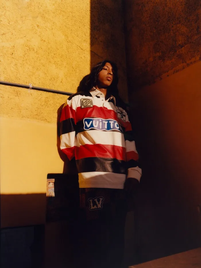 Model Narayan José Echeverria Camaño, 21. Narayan wears Louis Vuitton leather rugby shirt, £5,150, and leather Damier rugby shorts, £3,450. Produce at the market in Tlacolula de Matamoros