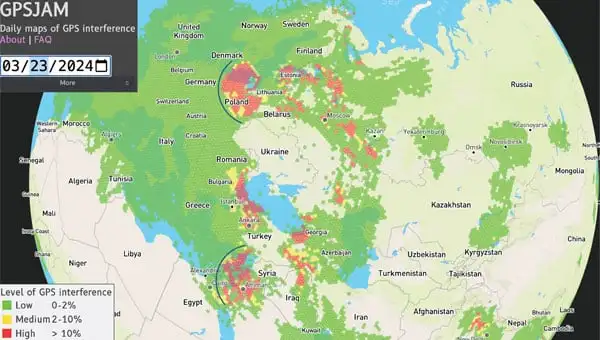 Figure 1: GPSJAM map on March 23, 2024. The map is based on GPS accuracy reports fron aircraft broadcast digital radio messages (ADS-B) over a 24-h period. A vast (uncolored) area on the globe is not covered because of no ADS-B report. Arcs are drawn over part of Europe and the eastern Mediterranean to help visualize the cone of the interference coming from potential jamming power sources. (Photo: GPSJAM.org) 