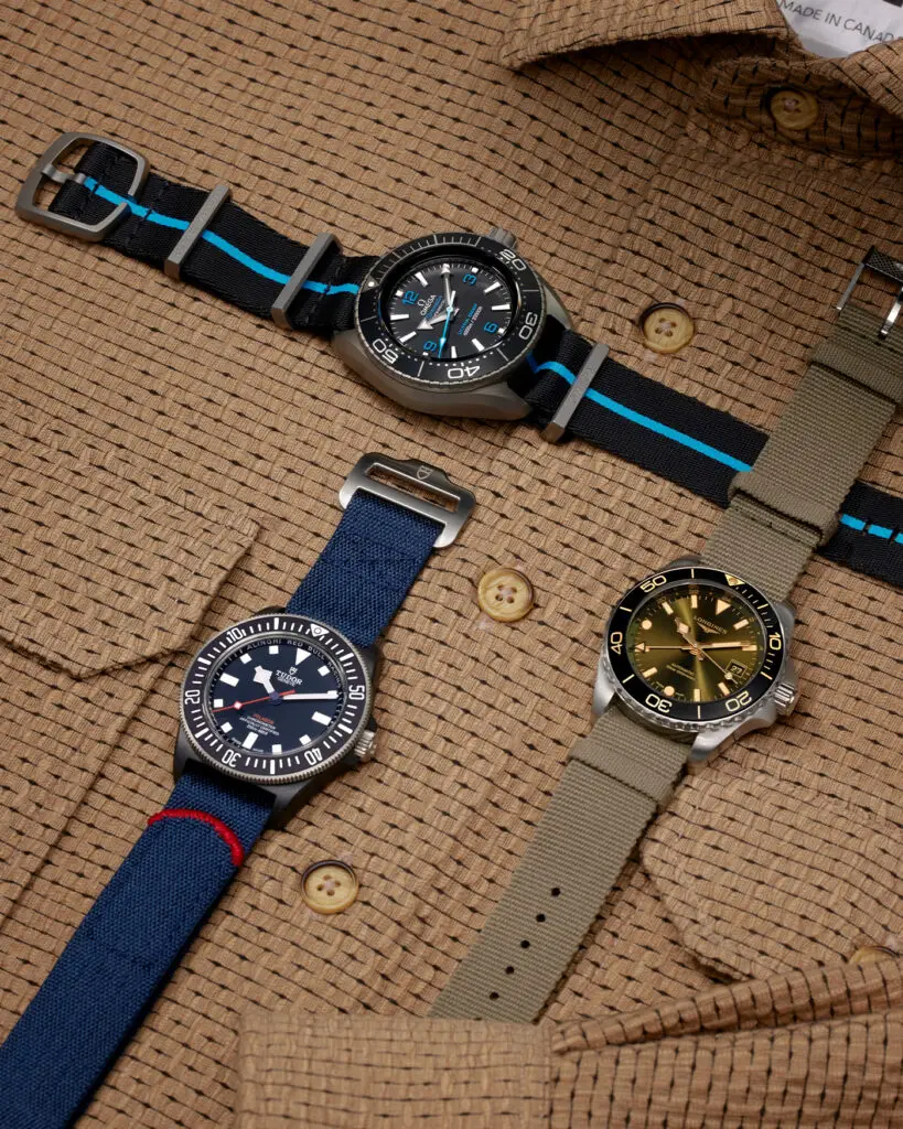 LONGINES HYDROCONQUEST GMT, $3,600. TUDOR PELAGOS FXD, $4,820. OMEGA SEAMASTER PLANET OCEAN 6000M, $18,400.