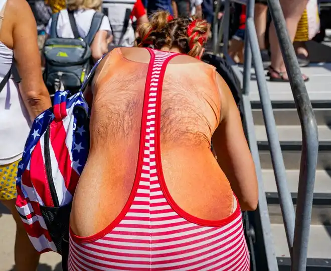 Julie Barton dresses to impress in 2 body suits on Thursday, May 23, 2024, during Carb Day ahead of the 108th running of the Indianapolis 500 at Indianapolis Motor Speedway.