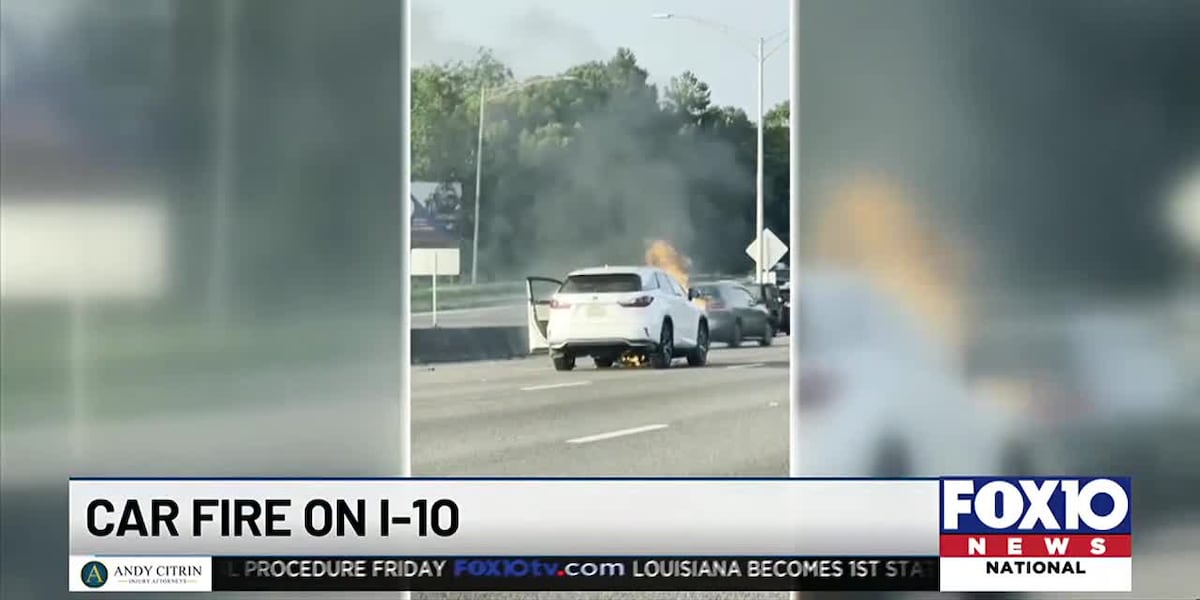 Car catches fire on I-10 in Mobile