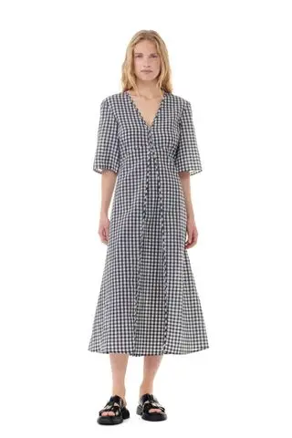 Seersucker Check V-Neck Long Dress