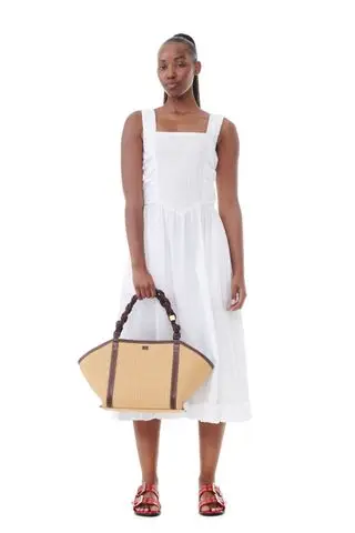 White Cotton Poplin Midi Strap Smock Dress