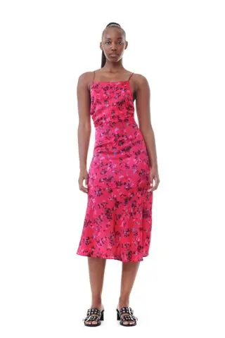 Pink Floral Printed Satin Midi Dress