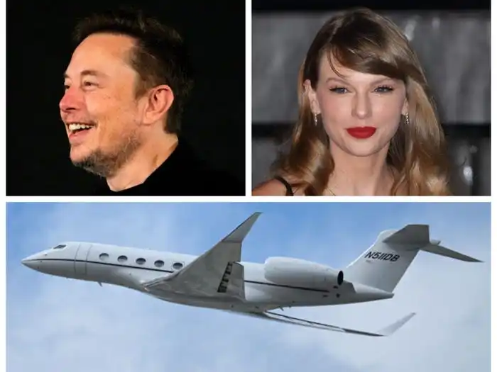 A composite image of Elon Musk, Taylor Swift, and a private jet