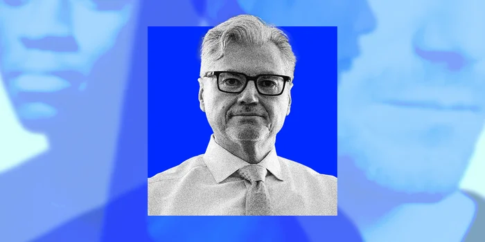 Judge Juan Merchan on a blue background with sad faces