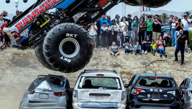 Monster truck crushes cars in Perris demonstration
