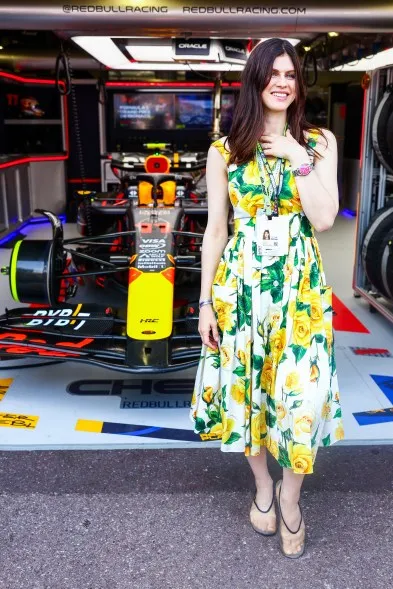 Alexandra Daddario poses for a photo outside the Oracle Red Bull Racing garage prior to the F1 Grand Prix of Monaco at Circuit de Monaco on May 26, 2024 