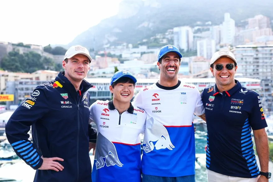 Max Verstappen of the Netherlands and Oracle Red Bull Racing, Yuki Tsunoda of Japan and Visa Cash App RB, Daniel Ricciardo of Australia and Visa Cash App RB and Sergio Perez of Mexico and Oracle Red Bull Racing pose for a photo in the Paddock during previews ahead of the F1 Grand Prix of Monaco at Circuit de Monaco on May 23, 2024