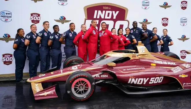 U.S. Air Force Thunderbirds walk the celebrity red carpet on Sunday, May 26, 2024, during the 108th running of the Indianapolis 500 at Indianapolis Motor Speedway.