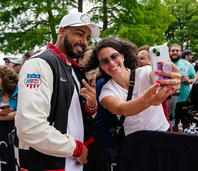 Actor Michael Evans Behling walks the celebrity red carpet on Sunday, May 26, 2024, during the 108th running of the Indianapolis 500 at Indianapolis Motor Speedway.