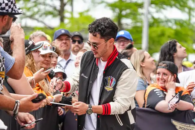 Actor Darren Barnet walks the celebrity red carpet on Sunday, May 26, 2024, during the 108th running of the Indianapolis 500 at Indianapolis Motor Speedway.