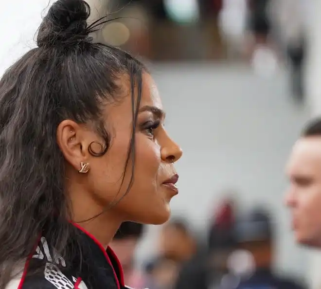 Singer and national anthem performer Jordin Sparks walks the celebrity red carpet on Sunday, May 26, 2024, during the 108th running of the Indianapolis 500 at Indianapolis Motor Speedway.