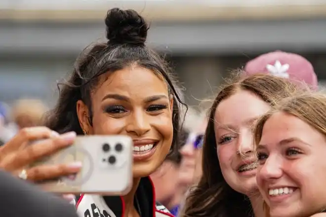 Singer and national anthem performer Jordin Sparks walks the celebrity red carpet on Sunday, May 26, 2024, during the 108th running of the Indianapolis 500 at Indianapolis Motor Speedway.