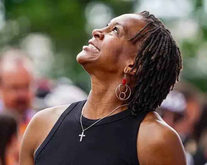 Retired WNBA player Tamika Catchings walks the celebrity red carpet on Sunday, May 26, 2024, during the 108th running of the Indianapolis 500 at Indianapolis Motor Speedway.