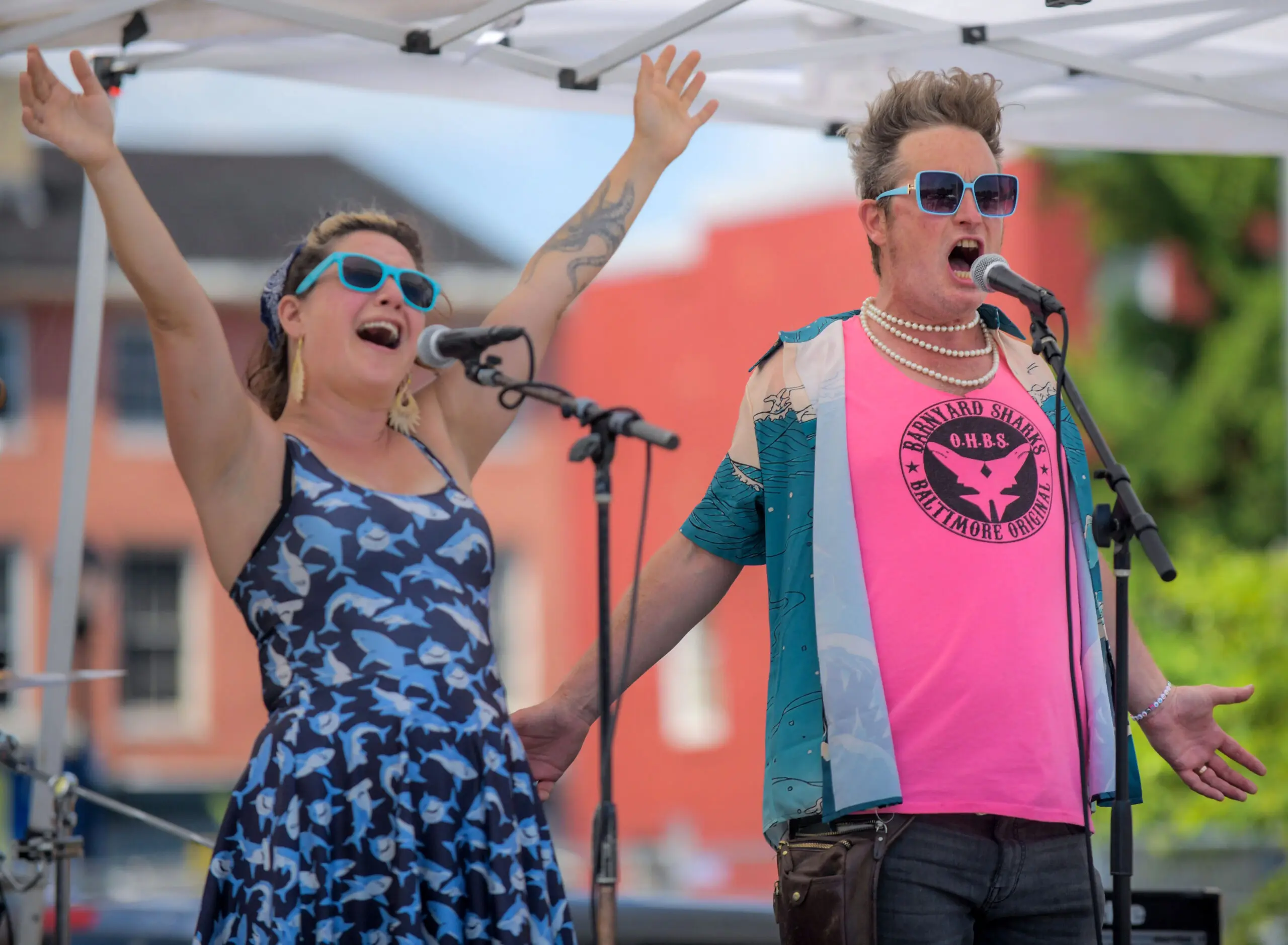 Leads Bridget Cimino and Baynard Woods of Barnyard Sharks perform during the annual Sowebo arts and music festival around Hollins Market. (Karl Merton Ferron/Staff)