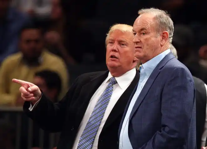 In 2014, Donald Trump (left) and Fox broadcasting personality Bill O'Reilly before the start of a game between the New York Knicks and the Cleveland Cavaliers at Madison Square Garden.