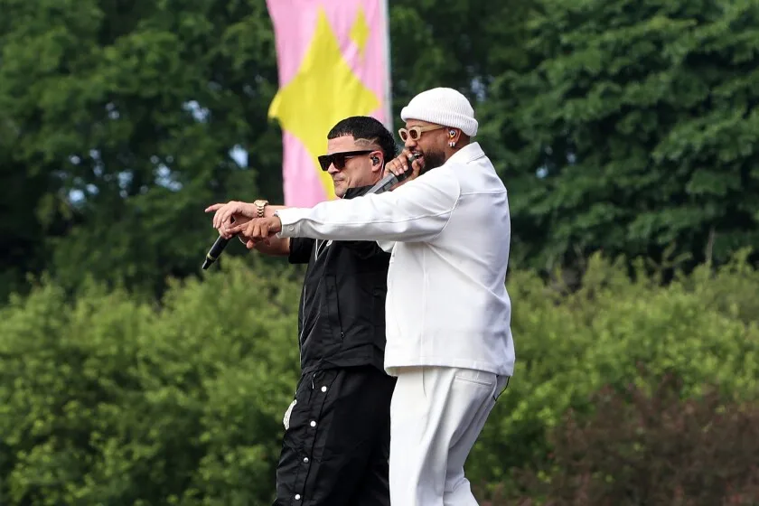 Joel A. Munoz Martinez and Rany Nota Loco of Jowell & Randy on stage at Suenos Music Festival.