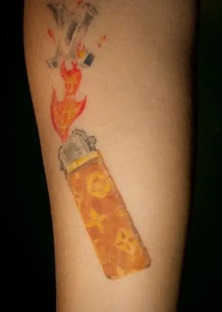 A tattoo of a branded cigarette lighter 