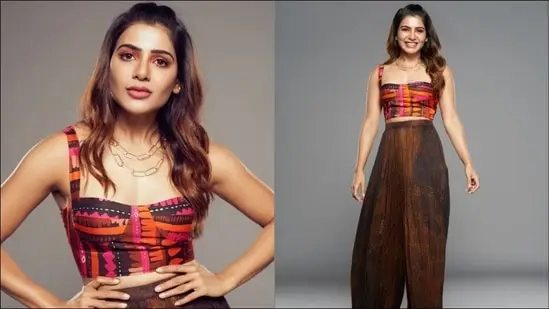 Samantha Ruth Prabhu aces a wild weekend look in satin bustier, chiffon palazzo pants.(HT gallery)