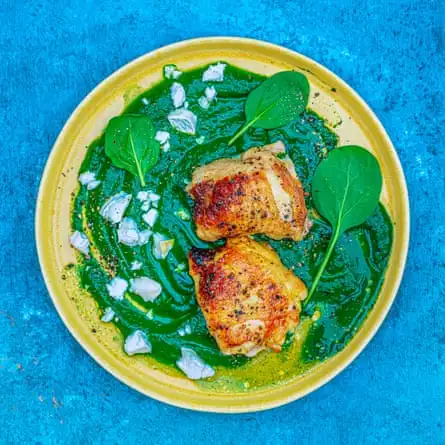 Crispy chicken thighs, spinach and goat’s cheese.