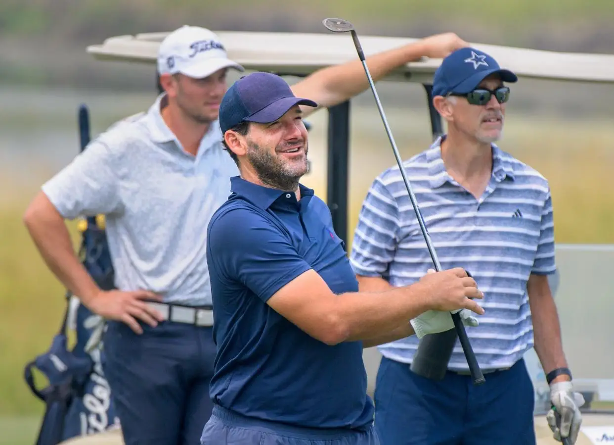 CBS sportscaster and former NFL quarterback Tony Romo watches his drive from the fairway on No. 9 during the OSF Children's Hospital of Illinois Championship & Pro-Am on Tuesday, June 27, 2023 at Metamora Fields Golf Club.