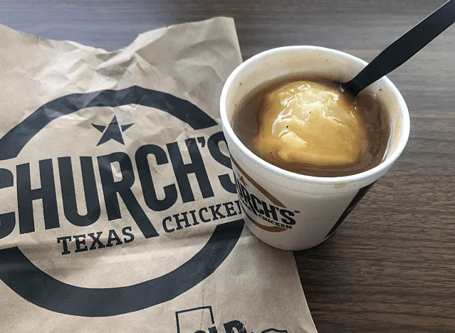 a cup of churchs mashed potatoes