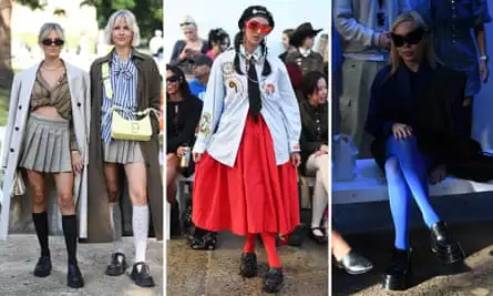 Image one - two women wearing neutrals and knee-high socks, image two - a woman wearing a red skirt with red stockings, image three - a woman in back with blue stockings 