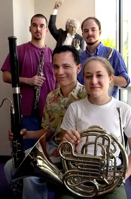 Clockwise from top left, Christopher Thompson, of St. Louis, Missouri, Daniel Cotter, 26, of Cleveland, Ohio, Carolyn Landis of Allentown, Pennsylvania and Michael Garza of Mission Texas, were fellows at the Sarasota Music Festival in the mid 1990s.