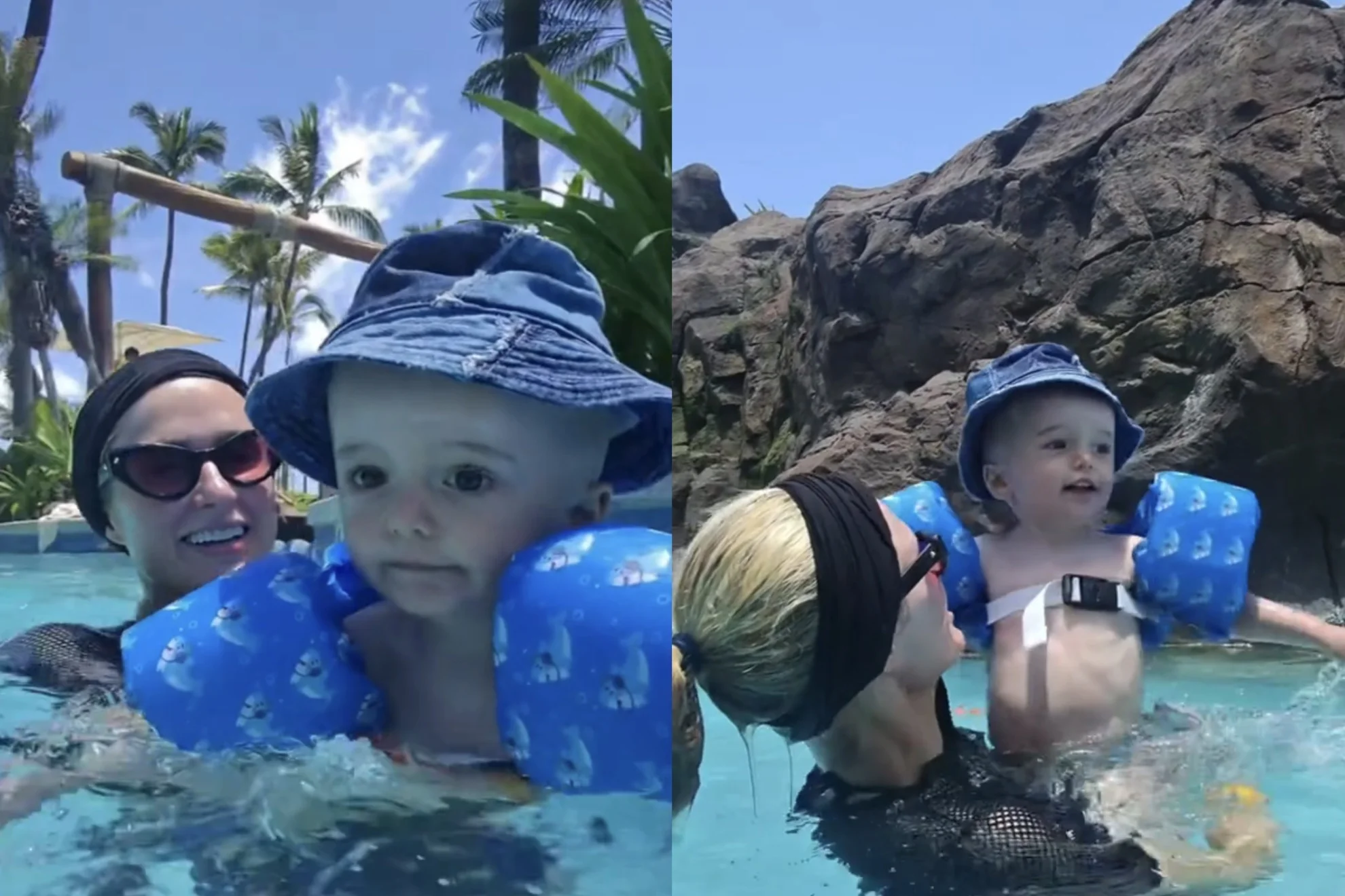 Paris Hilton and Phoenix playing in the pool.