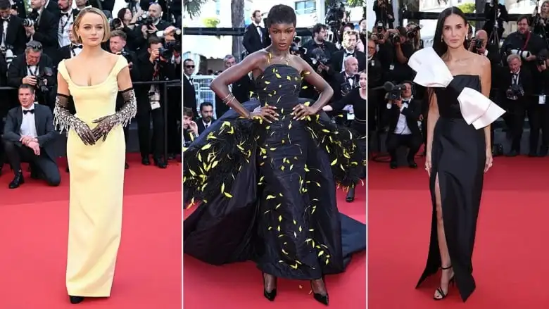 Joey King in a yellow gown, Leomie Anderson in a black gown with black and yellow feathers, and Demi Moore in a black and white gown, all on the Cannes red carpet. 