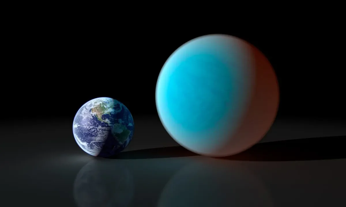 An artist's concept showing how exoplanet 55 Cancri e compares with Earth. 55 Cancri e has a mass 7.8 times and a radius just over twice that of our own planet, making it a 'super Earth'. Credit: NASA/JPL-Caltech/R. Hurt (SSC)