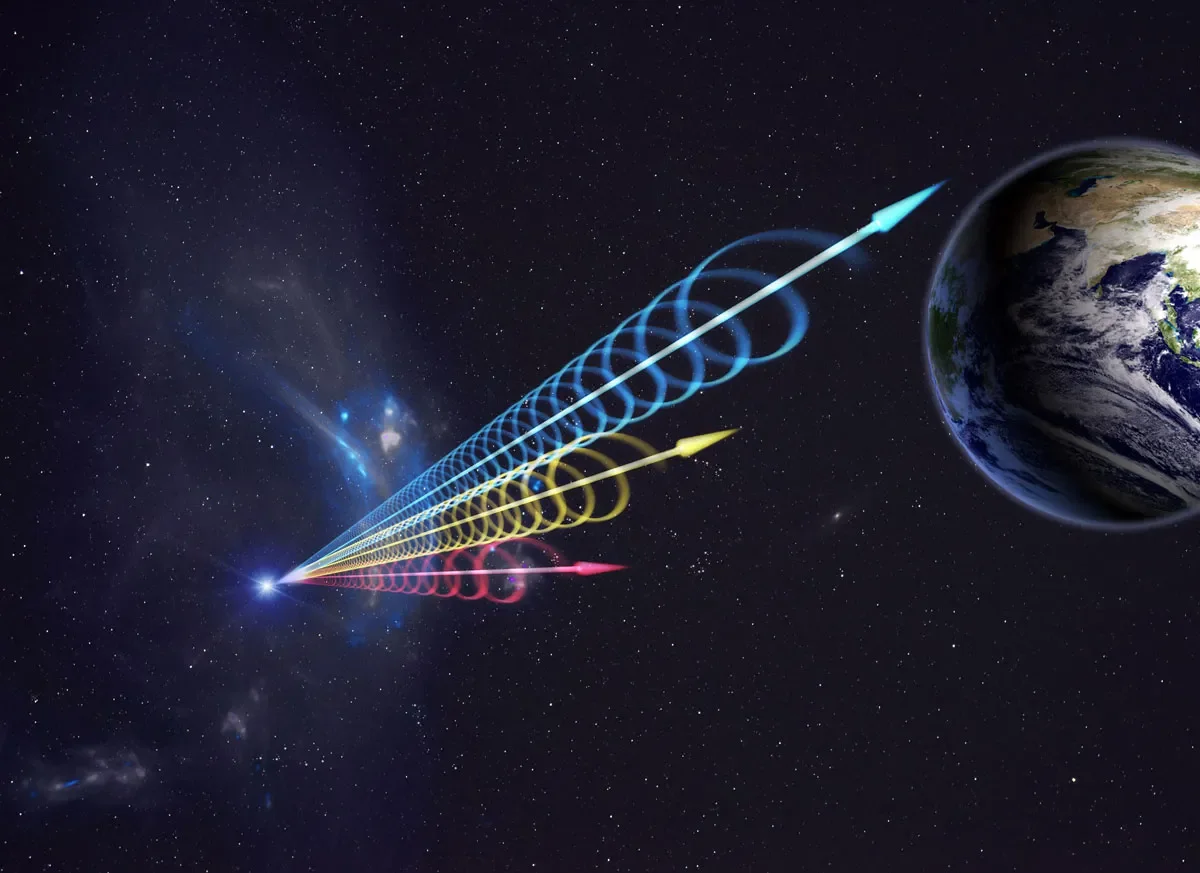 An artist's impression of a fast radio burst. Colours represent the burst's varying wavelengths. Long wavelengths (red) arrive seconds after short wavelengths (blue). Credit: Jingchuan Yu, Beijing Planetarium