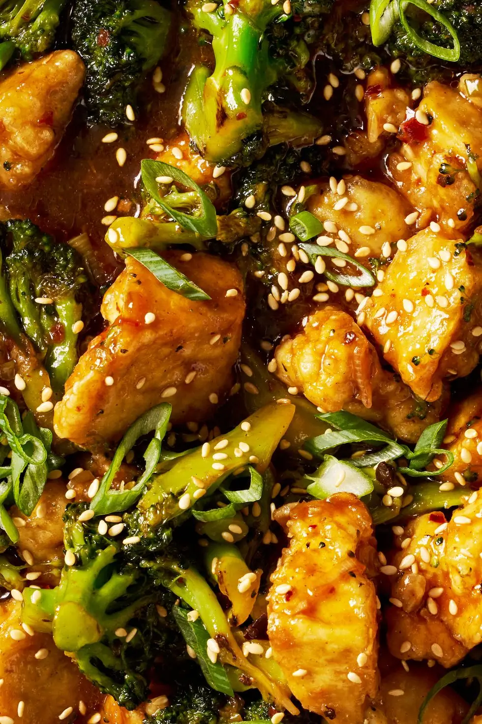 crispy baked tofu tossed with a sweet and savory chili spiked sesame sauce and crisp tender broccoli