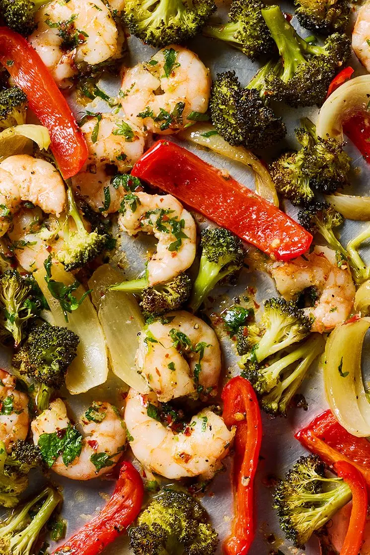 garlicky shrimp and veggies baked on a sheet pan