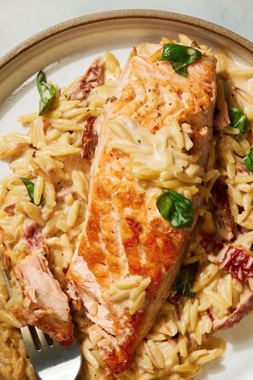 creamy sundried tomato salmon orzo topped with fresh basil