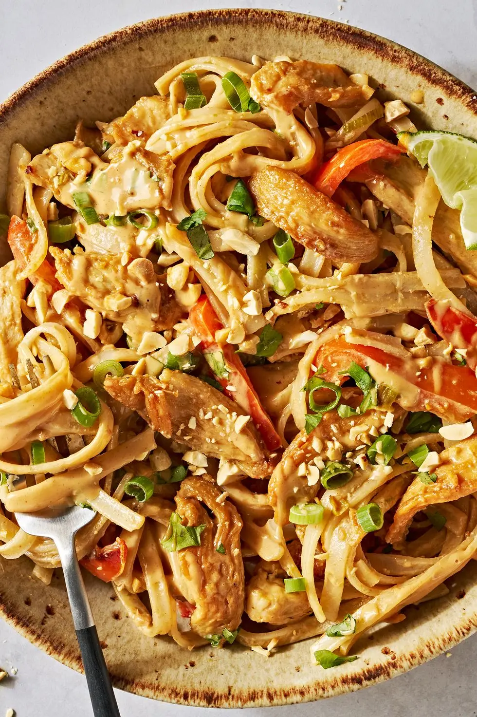 chicken with noodles and carrots in a creamy peanut lime sauce topped with peanuts