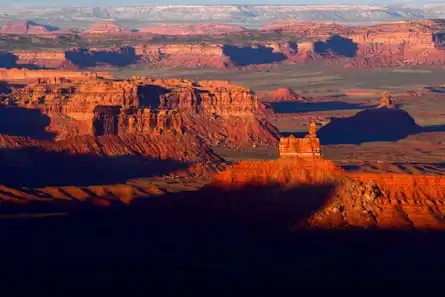 The sun sets over Bears Ears national monument seen from the Moki Dugway north of Mexican Hat, Utah.