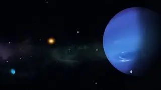 An illustration of Neptune and some of its moons with Uranus and the sun in the background