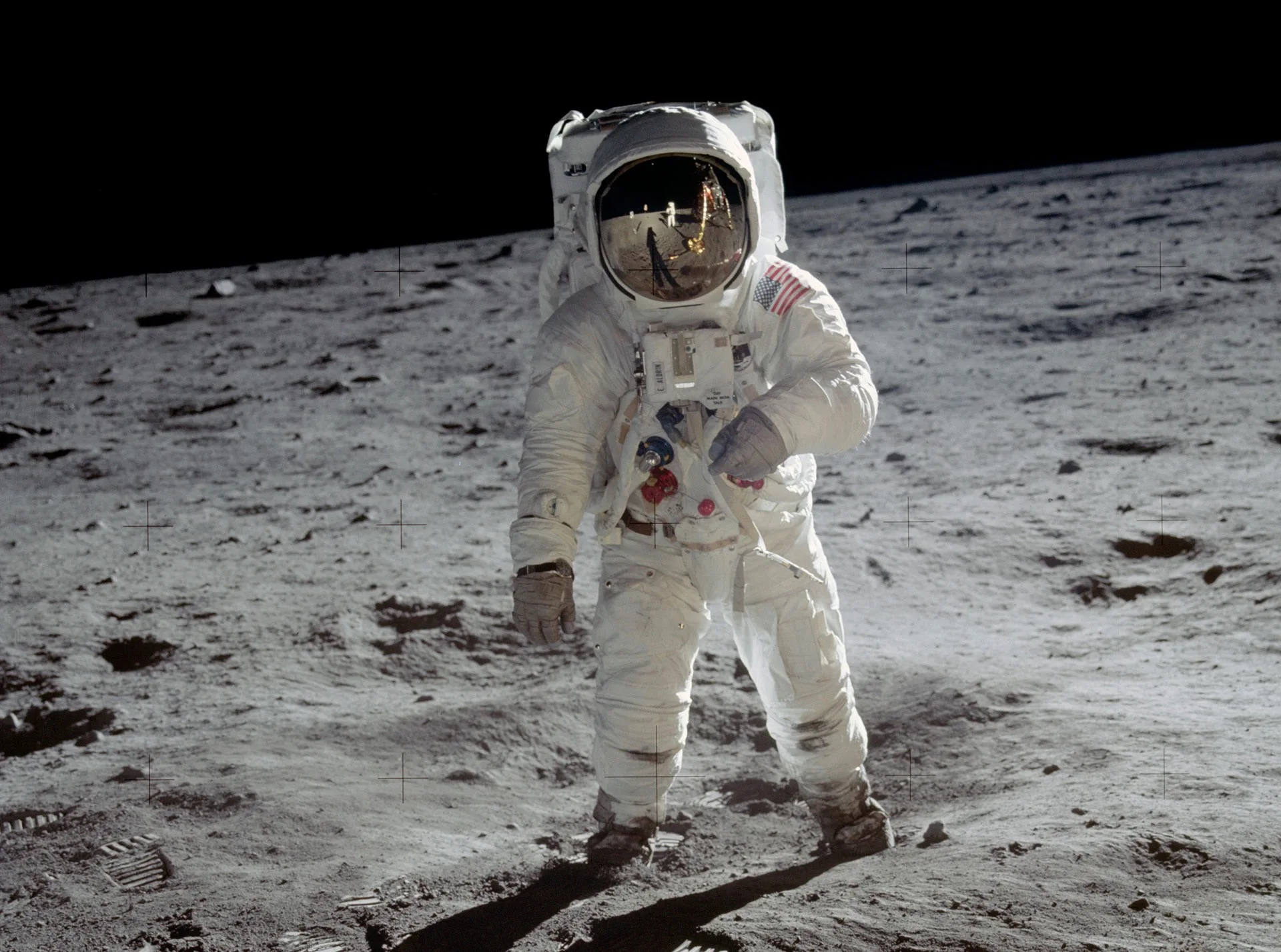 Neil Armstrong was the first man on the Moon — but only a few pictures from the crew’s cameras show him on his historic moonwalk. In one of them (above), he is visible as a reflection in Buzz Aldrin’s helmet. Credit: NASA