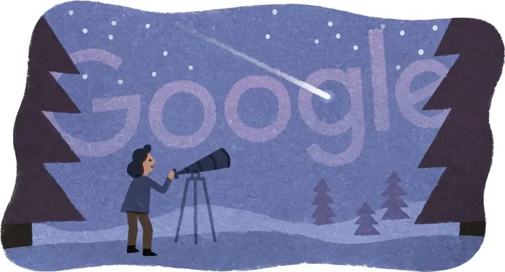 Google Doodle of a person doing astronomy looking into space.