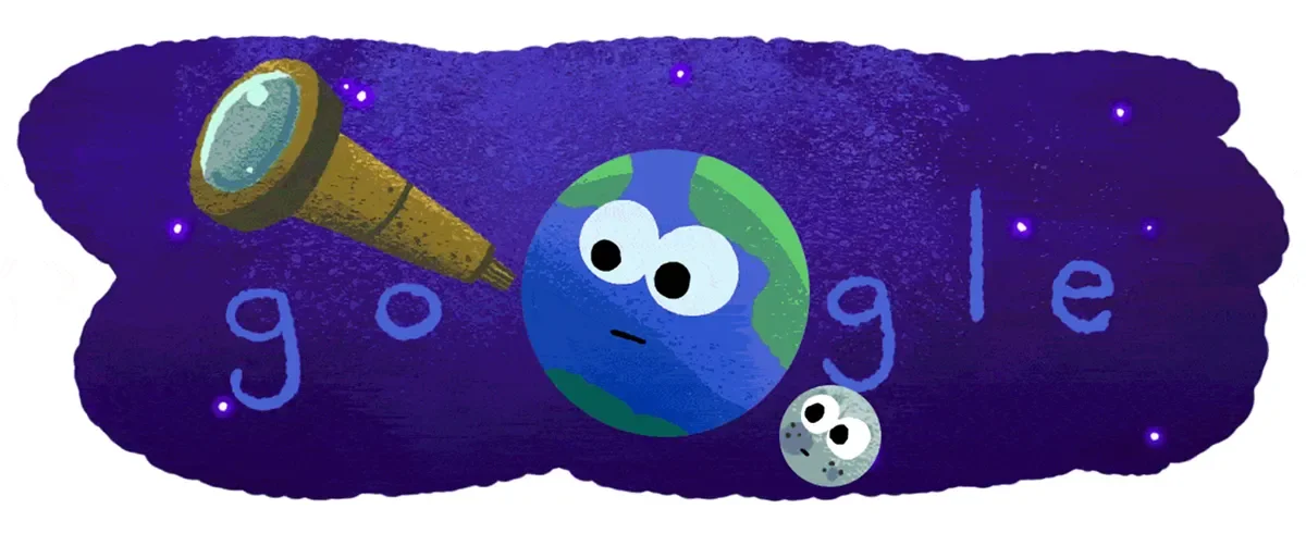 Google Doddles of Earth and the Moon doing astronomy in space.