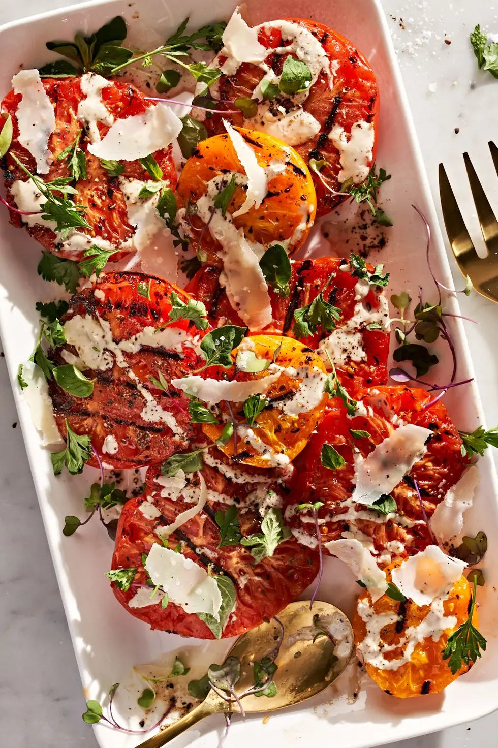 grilled tomatoes with tahini caesar