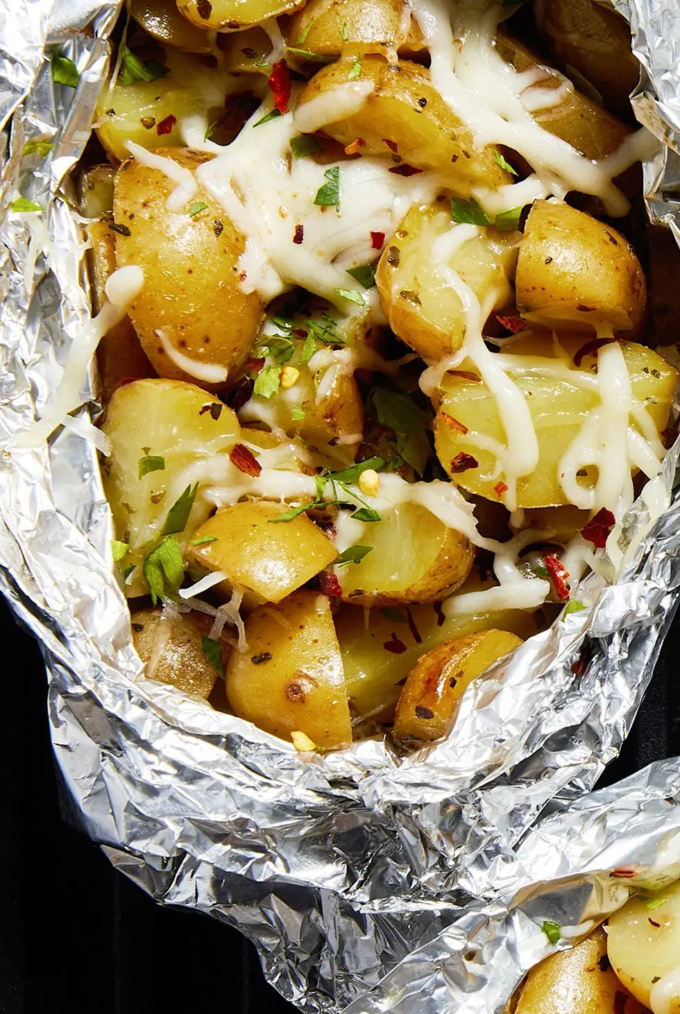 Campfire Potatoes cheesy potatoes in a foil pack
