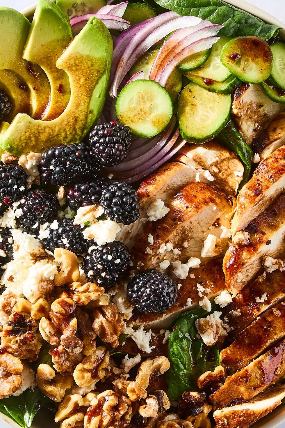 salad with sliced chicken, blackberries, sliced cucumber, red onion, and walnuts