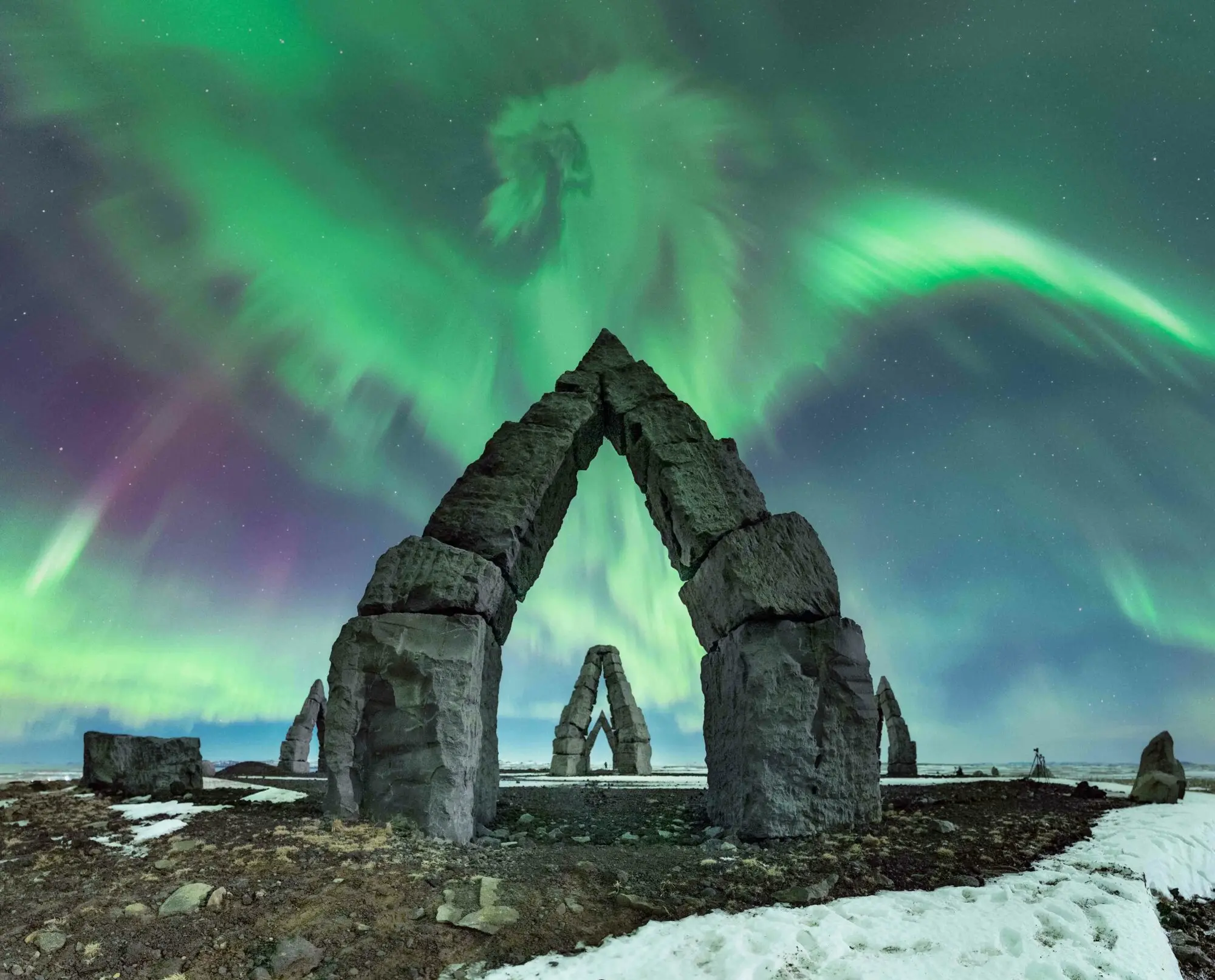 An aurora panorama resembling a dragon, pictured in Raufarhöfn, Iceland.