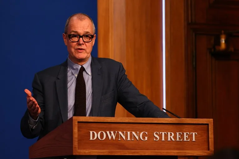 Patrick Vallance gestures during a press conference at 10 Downing Street in 2021.