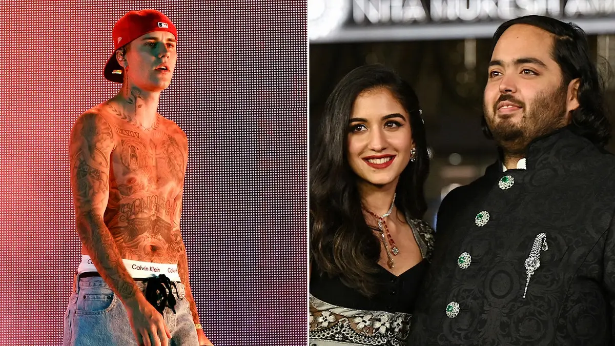 Side by side photos of Justin Bieber and Anant Ambani and Radhika Merchant