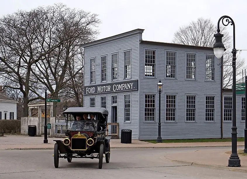 An old Ford model in front of the Ford Motor Company in Dearborn, Michigan