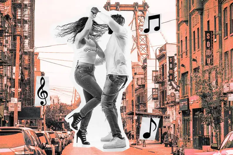 A collage of photos shows a man and woman dancing, with the Brooklyn Bridge in the background as well as some collaged music notes.